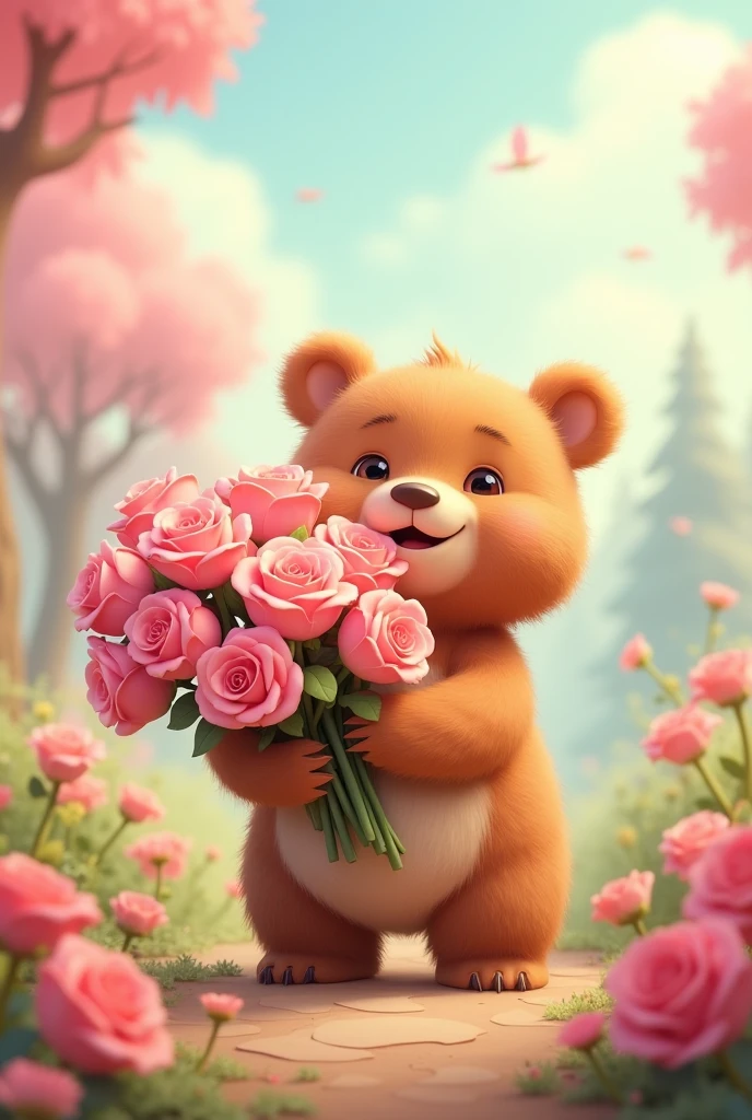 
Animated bear handing over a bouquet of pink roses








