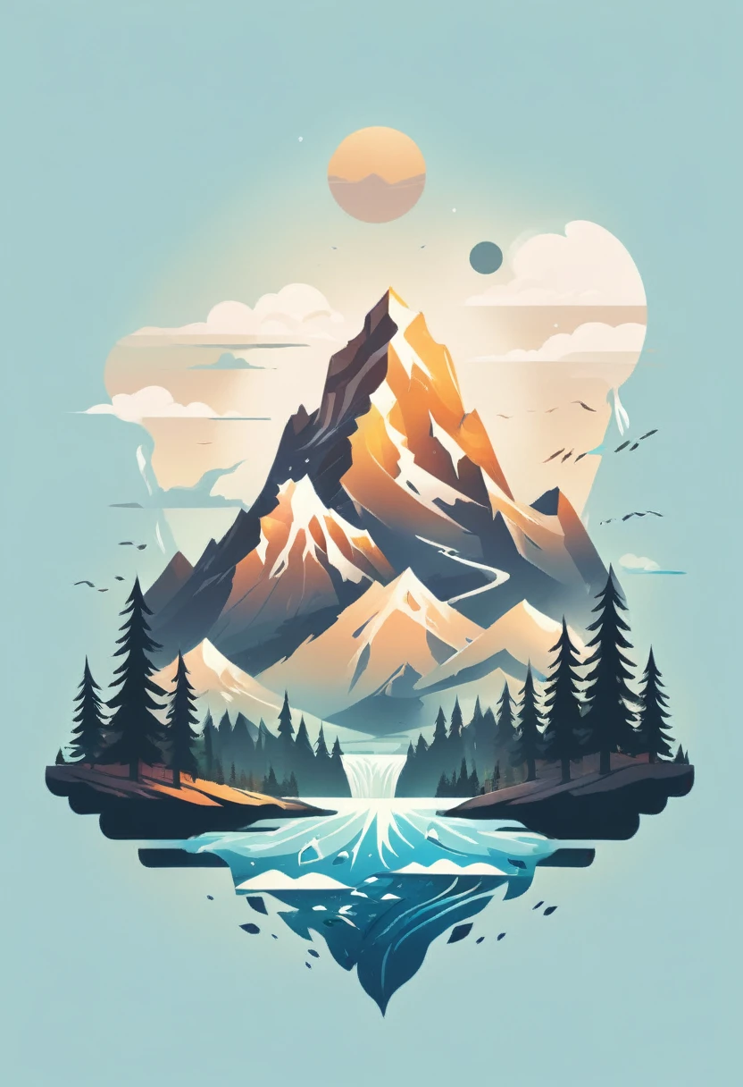 impressive painting of a mountain with trees and water, a detailed painting by Petros Afshar, shutterstock contest winner, environmental art, detailed painting, outlined art, 2d game art, isolated background for logo, strong contours, logo design