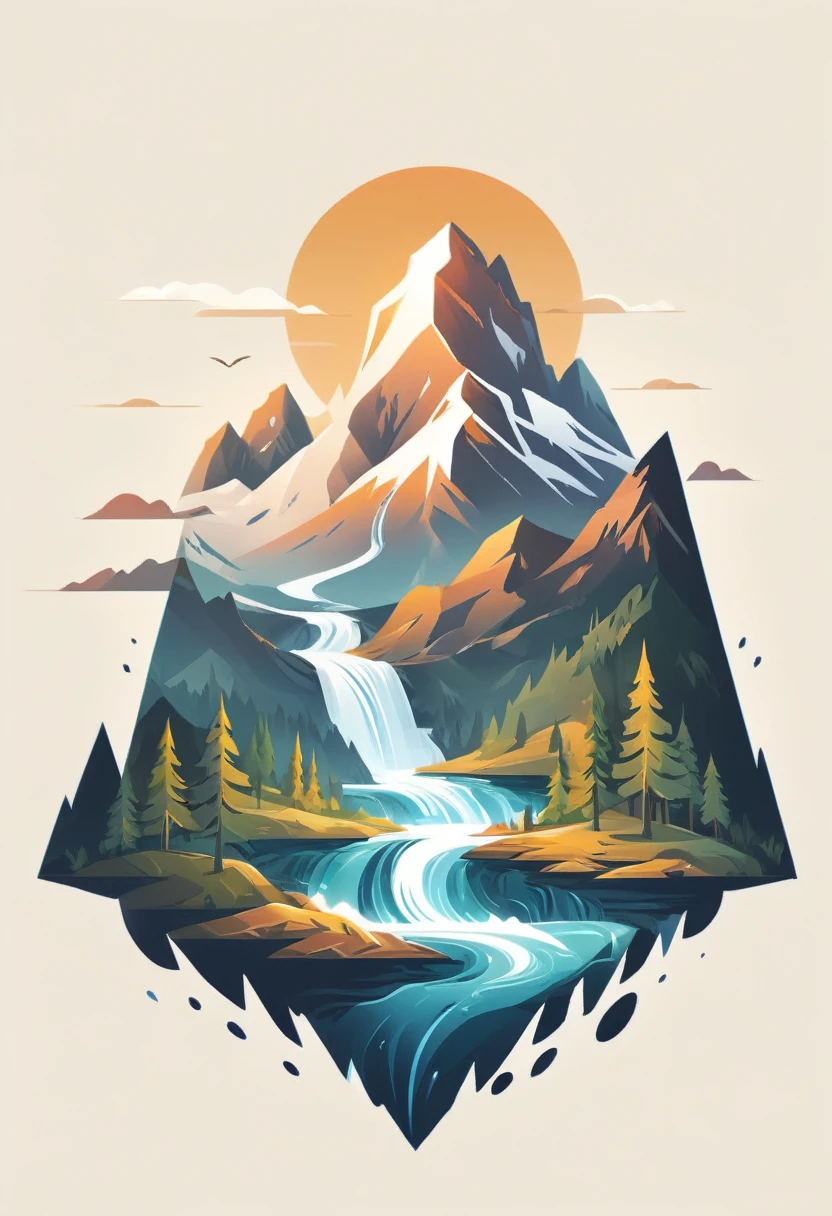 impressive painting of a mountain with trees and water, a detailed painting by Petros Afshar, shutterstock contest winner, environmental art, detailed painting, outlined art, 2d game art, isolated background for logo, strong contours, logo design