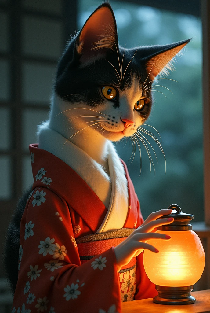 Japanese Yokai、Cat、female_Calico cat wearing traditional Japanese kimono、Night after night, I lick the oil from the lantern、Traditional Japanese House、Detailed facial features、Beautifully detailed eyes、Beautifully detailed mouth、detailed fur texture、Very detailed、Ethereal、Shine、mysterious、Fantasy、Ukiyo-e style、Bright colors、Dramatic lighting、Digital Painting、8k、high quality