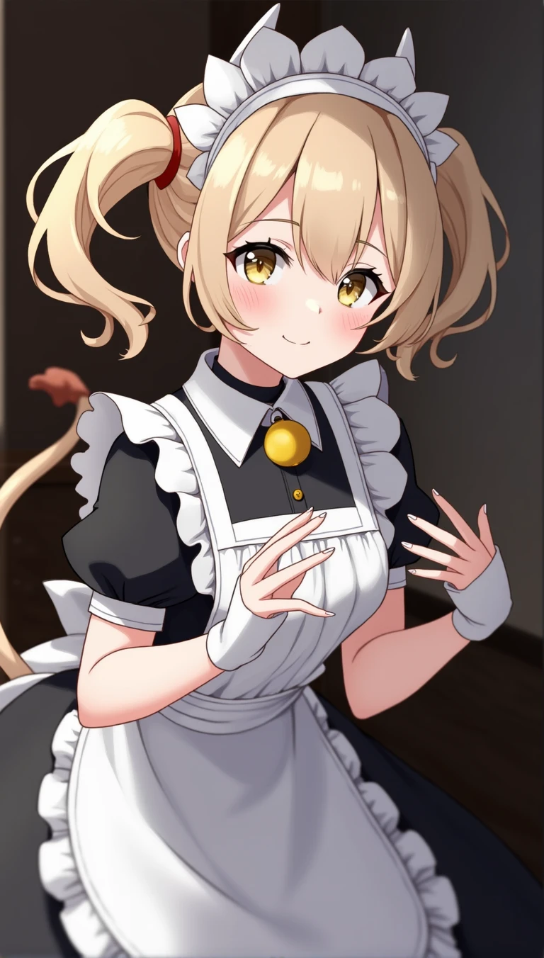 cow ears and tail, maid outfit, cowbell of choker, white and black, hair color, twin tail, drill hairstyles,