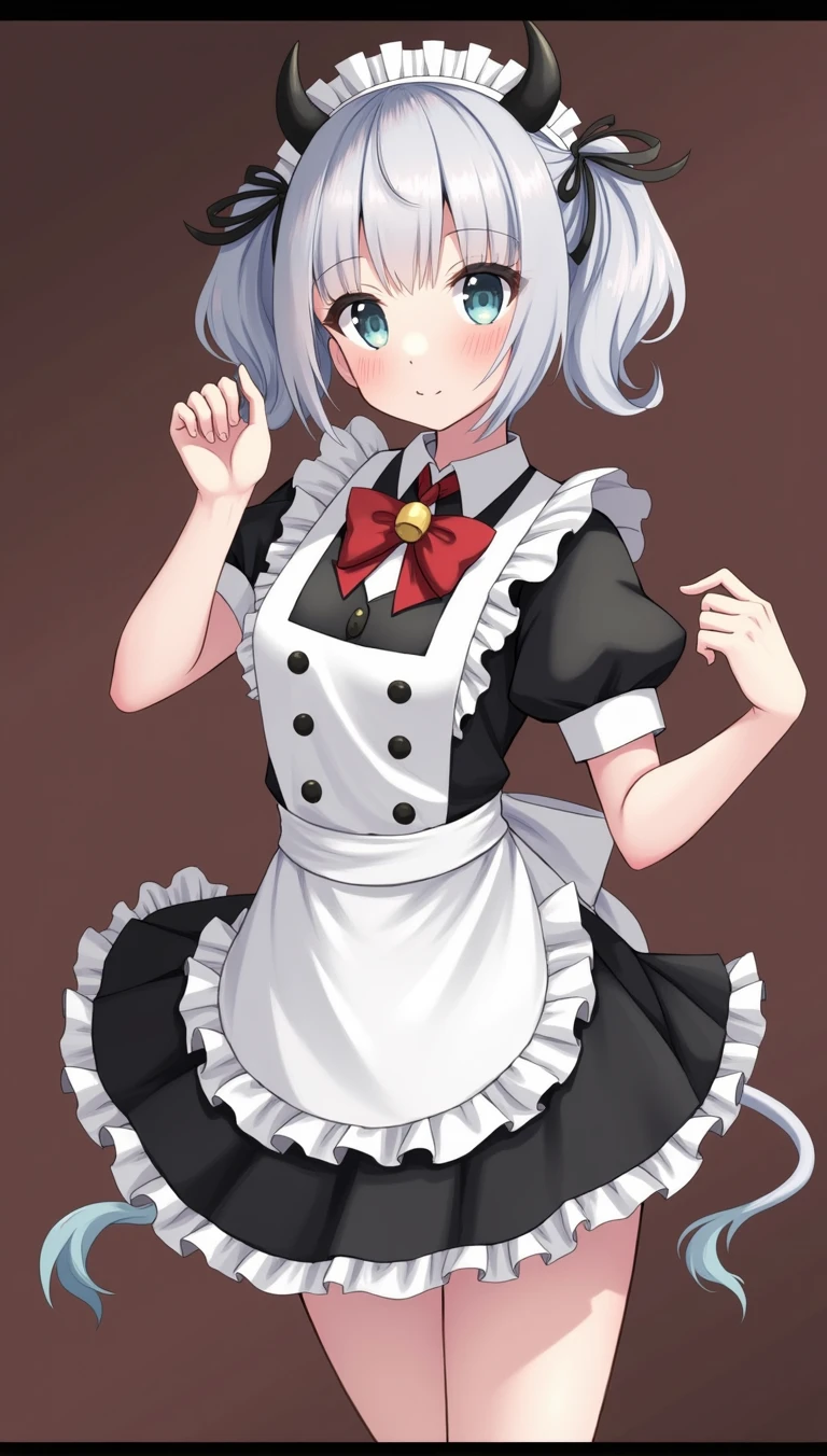  cow ears and tail,  maid outfit, cowbell of choker, white and black, hair color, twin tail, drill hairstyles,