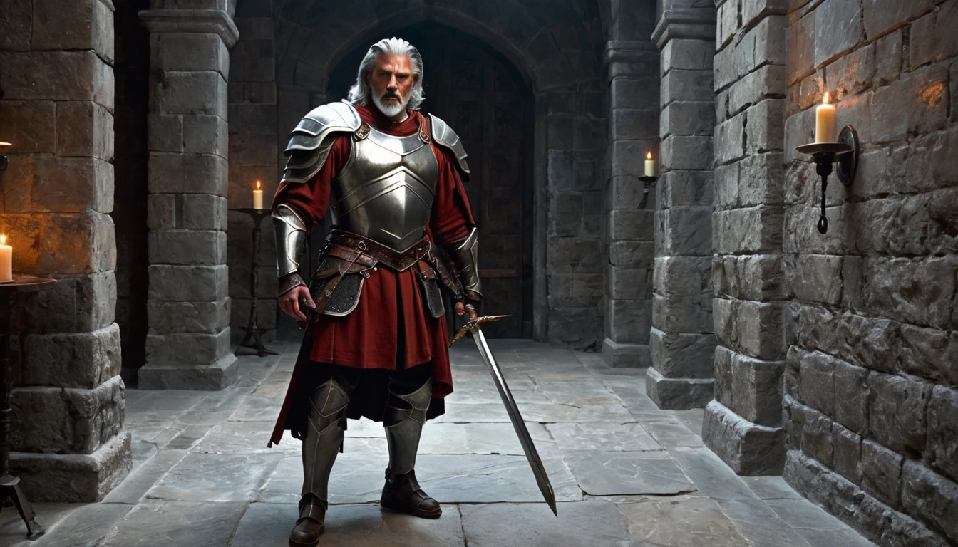 masterpiece, Inside a stone building, Stone slabs scattered on the floor, A muscular man in armor walking towards the front, dim, Gray Hair, Candles along the walls light up the room., Holding a large twisted rapier in his hand, Wearing a dull grey cloak, He wears a dirty dark red loincloth under his armor., The silver armor is intricately decorated and not intended for combat.,The armor has three small orange gems on it., He wears a large metal ornamented in white on his shoulder.、Dark orange fur underneath the metal