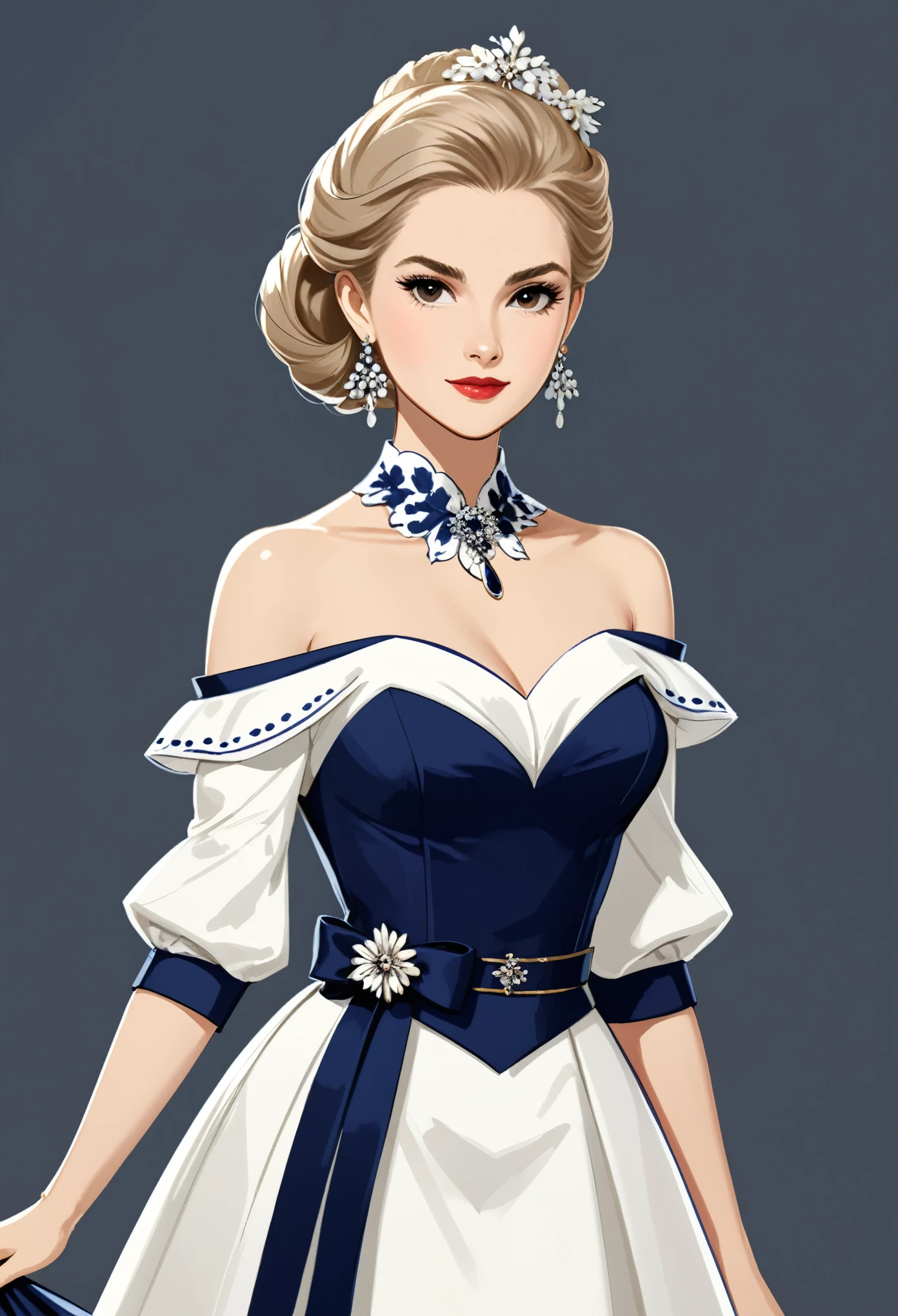 in style of Carolina Herrera
1 girl,character concept design,half body