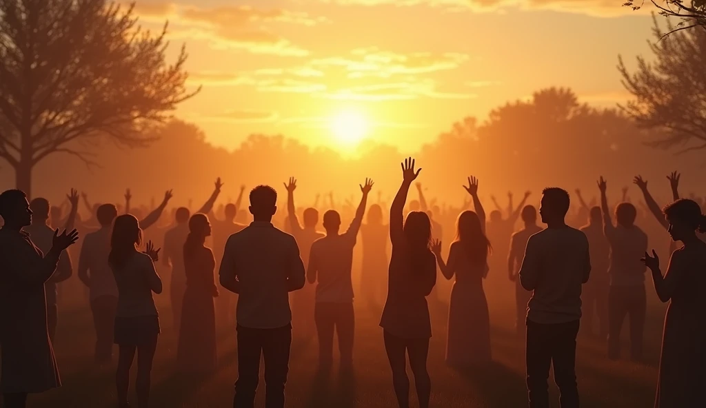 Create a highly realistic image depicting a group of people gathered in a peaceful outdoor setting, with a warm, golden sunset in the background. The group is in a posture of gratitude and worship, some with hands raised, others with heads bowed in prayer. Above them, the words from Psalm 105:1 are subtly inscribed in the sky, 'Agradeçam a Deus, o Senhor, anunciem a sua grandeza e contem às nações as coisas que ele fez.' The atmosphere is filled with a sense of reverence and awe, as the group collectively expresses their thankfulness and desire to share God's greatness with the world
