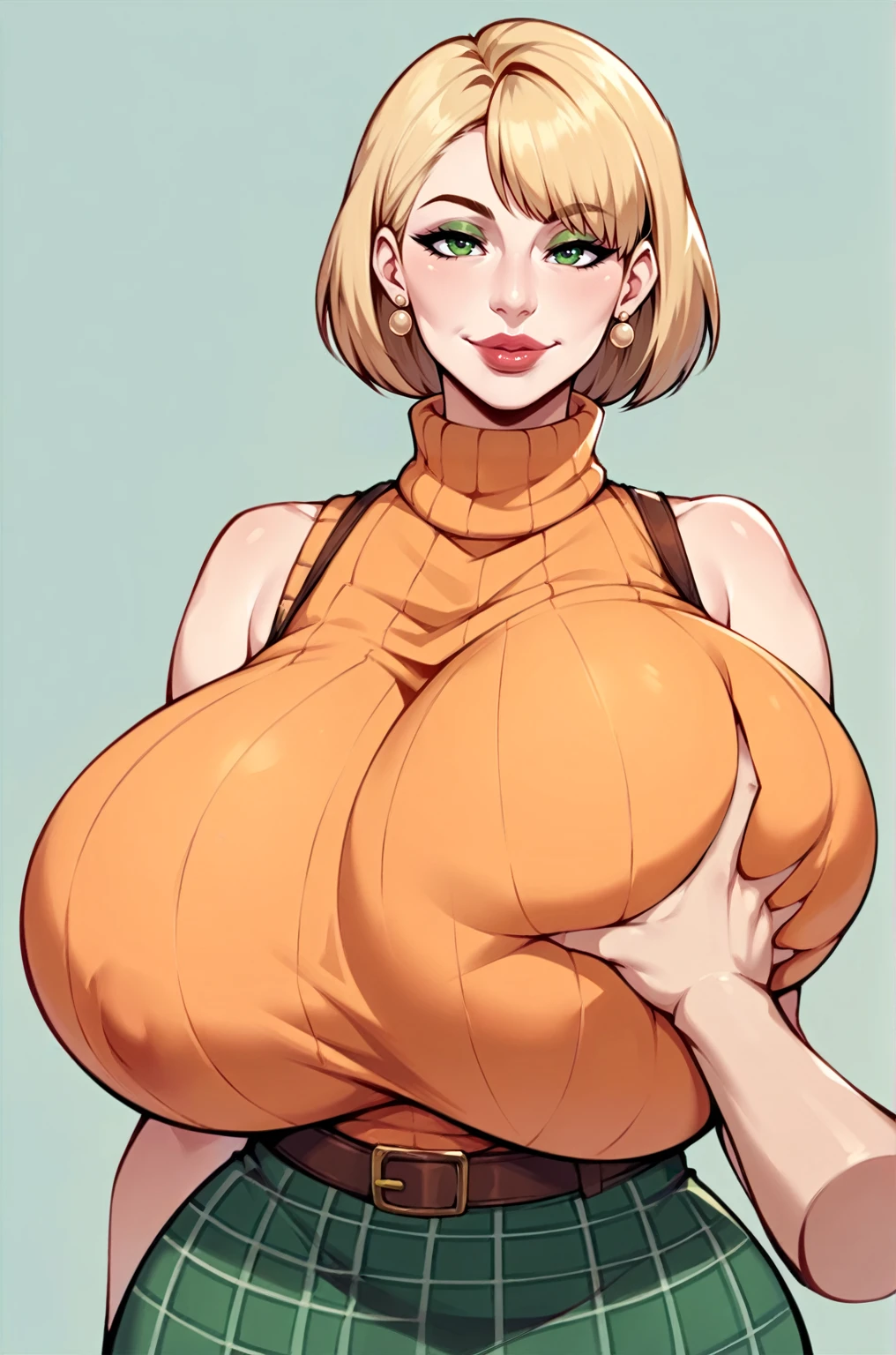 score_9, score_8_up, score_7_up, score_6_up, score_5_up, score_4_up, solo, Ashely Graham from resident evil 4, ((thicc mature mom)), short blonde hair, ((orange sleeveless turtleneck sweater with a burgundy sweater around her neck)), green plaid skirt, big thick full lips, (((pouted mouth))), ((squinting eyes)), ((full body)), ((NSFW)), sexy, seductive, alluring, cute, motherly, pouted smile, (((gigantic breasts))), sagging breasts, big nipples, wide hips, thick thighs, huge ass, breasts focus, (((two Pov hands groping breasts))), (((from pov))), close up, (upper body)