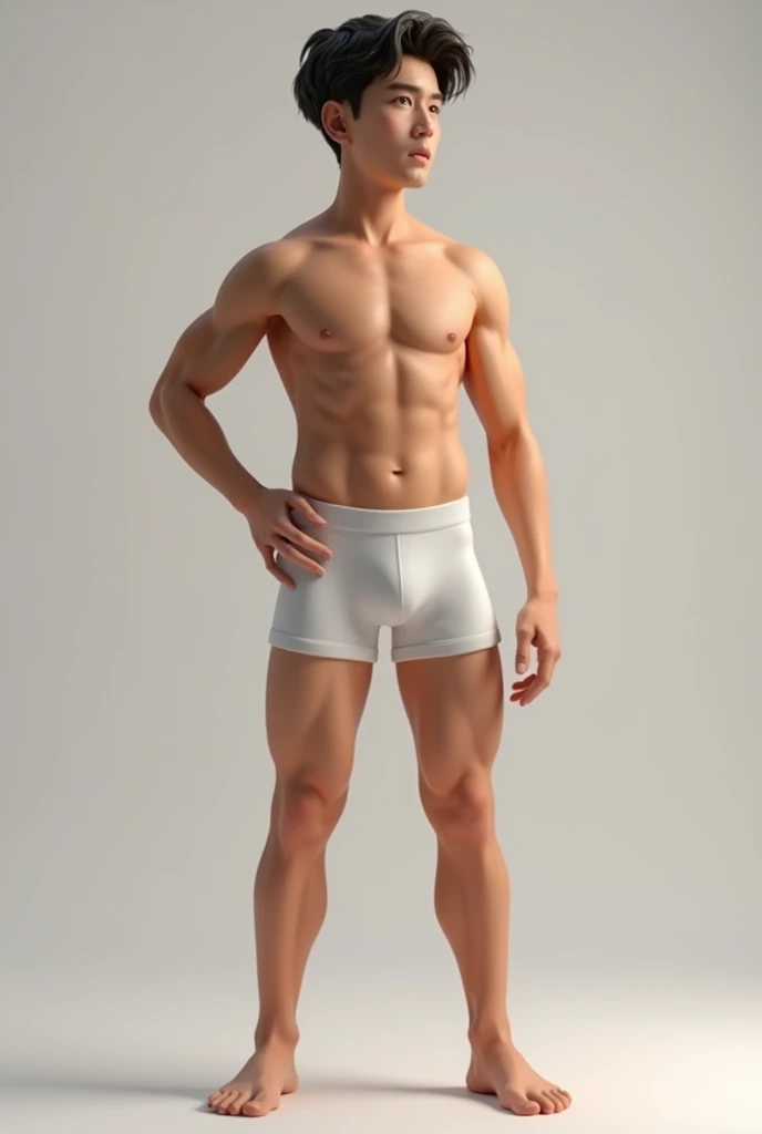 Generate an image of a shirtless boy with abs in boxers