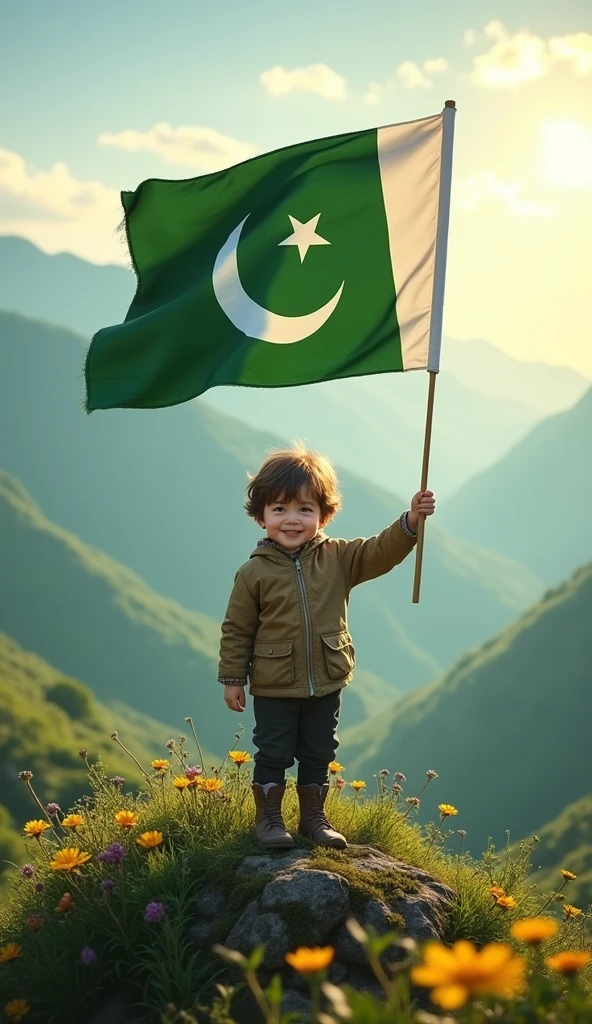 A very cute take a Pakistan flag in his hand standing on the most beautiful green mountain