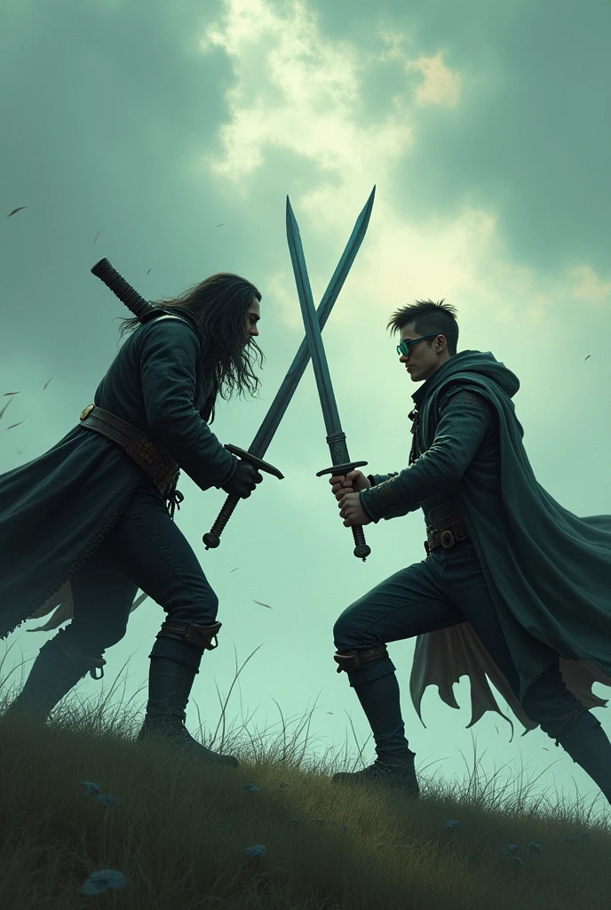 Two friends at war, the first one is strong but shorter than the second one in a heavy black leather jacket, in heavy black boots, on his shoulder is a huge heavy sword, he has long hair and glasses, the second one is tall with a light two-handed sword and short hair, in a cloak and green glasses on a hill covered with grass in a dark fantasy style, Go Together, they are friends