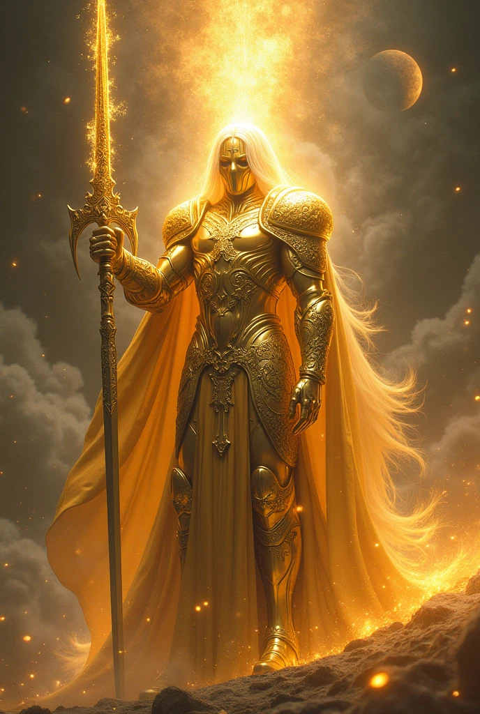 Make me a god with gold armor and holy sword make it more like alien