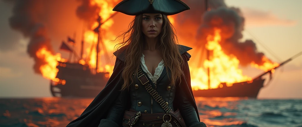A female pirate standing in front of a burning ship, in an epic, cinematic, movie poster style, with smoke and fire around the pirate ship behind him, in a full body shot, with cinematic lighting, cinematic colors, volumetric light, a dynamic composition, from a dramatic angle, at high resolution, with high detail, and high quality.. hkpirate, masterpiece, best quality, highly detailed, sharp focus, dynamic lighting