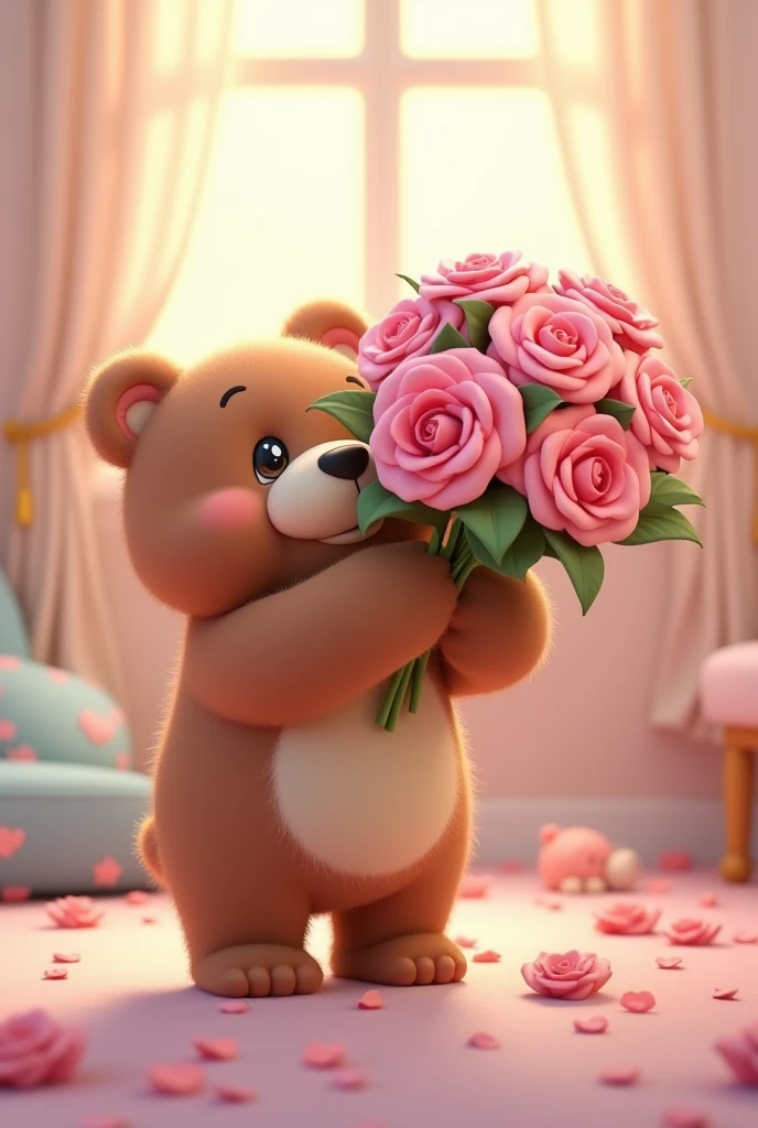 Animated bear handing over a bouquet of pink roses
