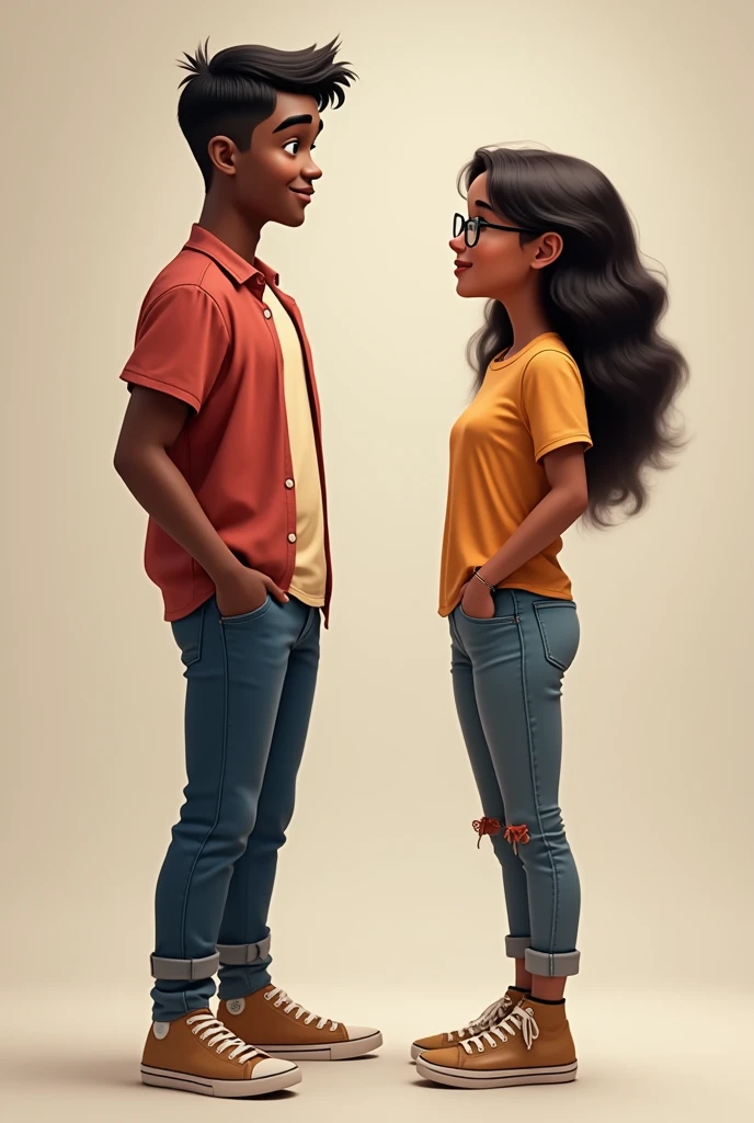 Recreate for me a 20 year old boy with a height of 1,74 with straight hair, semi-thin but with a medium-muscled body, without glasses, with bushy eyebrows, con casual clothes, dark-skinned and a 21-year-old girl with a height of 1,55 , with glasses, wavy hair, casual clothes, dark-skinned and semi-chubby 