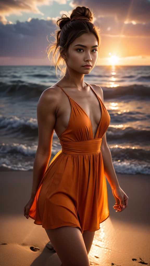 25 years old, upper body, perfect body, perfect hands, orange dress, drill hair, hair bun, sunset, white, Surrealism, Renaissance, cinematic lighting, depth of field, god rays, drop shadow, Fujicolor, first-person view, Wide-Angle, Surrealism, UHD, retina, masterpiece, accurate, textured skin, high details, highres, 16k