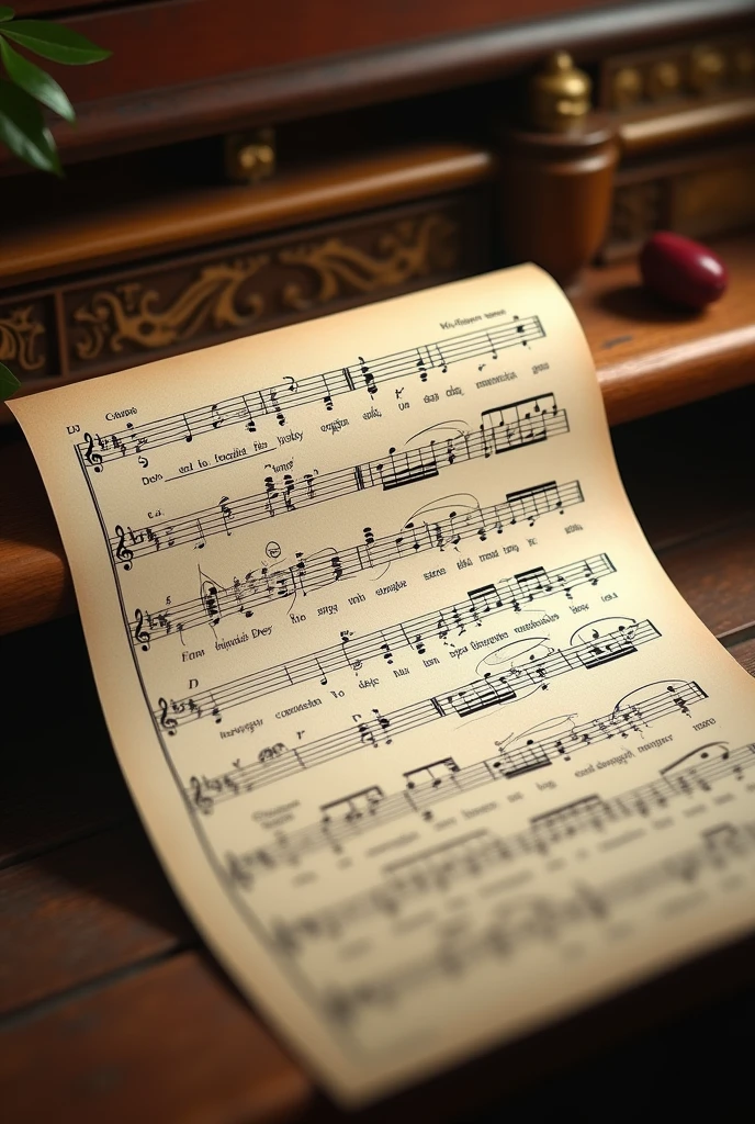 Create a real photo of a piano sheet music with a melody in E flat major