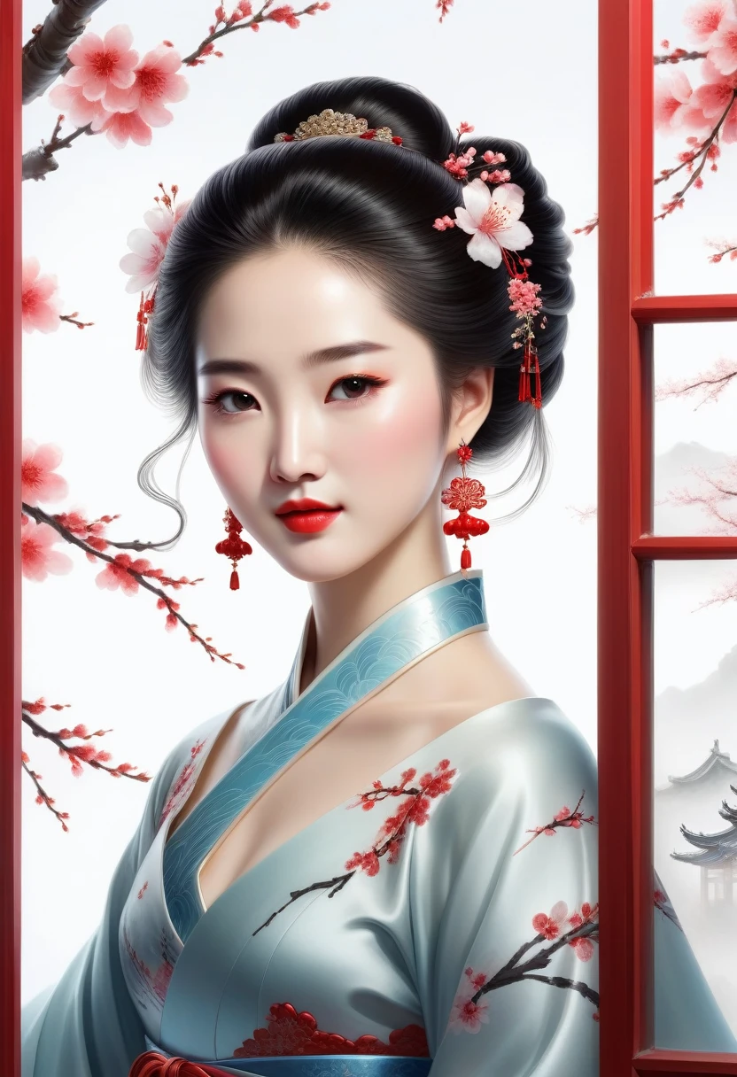 A sparkling, gorgeous jewel, Minimalist design, Public figure, reply, Ancient Beauty, Looks like Liu Yifei., window fairy, Edo hairstyle, Red lips smiled like cherry blossoms, Curved posture, white background, raised an eyebrow, Not messy, enlargement, rococo style, animation style, high detail, Contemporary art