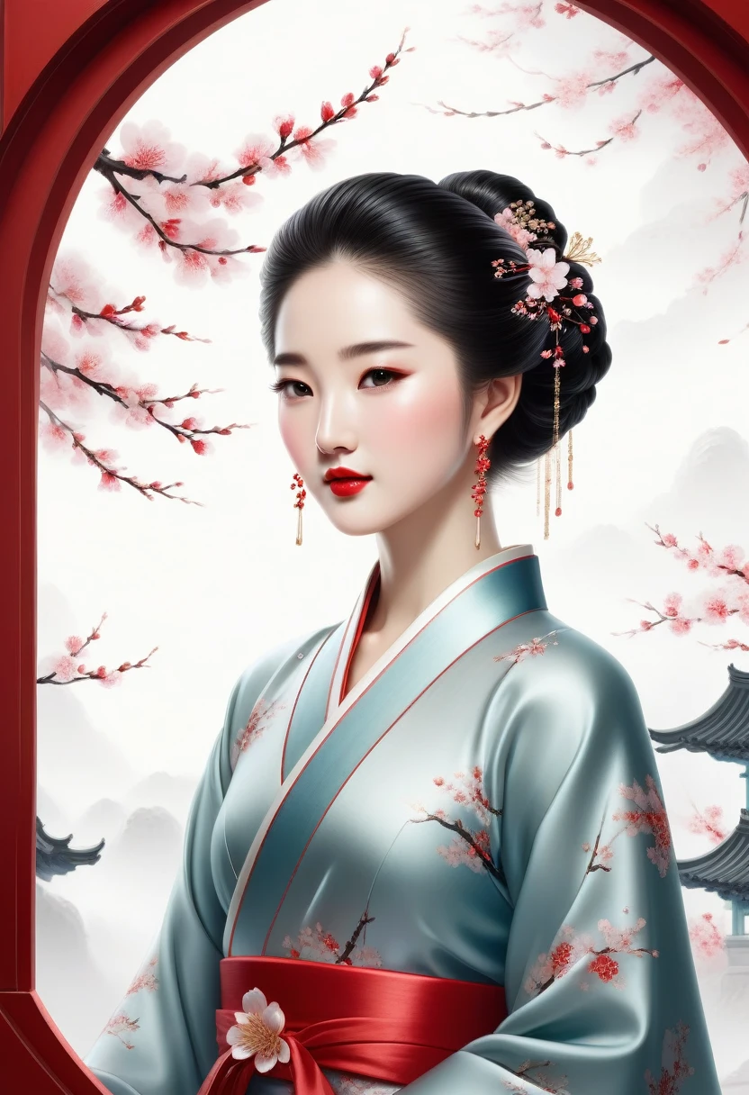 A sparkling, gorgeous jewel, Minimalist design, Public figure, reply, Ancient Beauty, Looks like Liu Yifei., window fairy, Edo hairstyle, Red lips smiled like cherry blossoms, Curved posture, white background, raised an eyebrow, Not messy, enlargement, rococo style, animation style, high detail, Contemporary art
