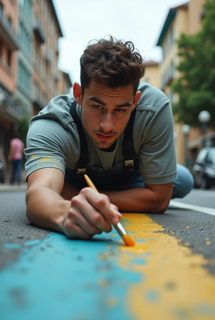 20 year old guy working lying on the floor on his side with one hand under his head and the other painting a curb, image of someone who sees him from the other side of the street, I don&#39;t want him looking at me and he has to be covered in paint