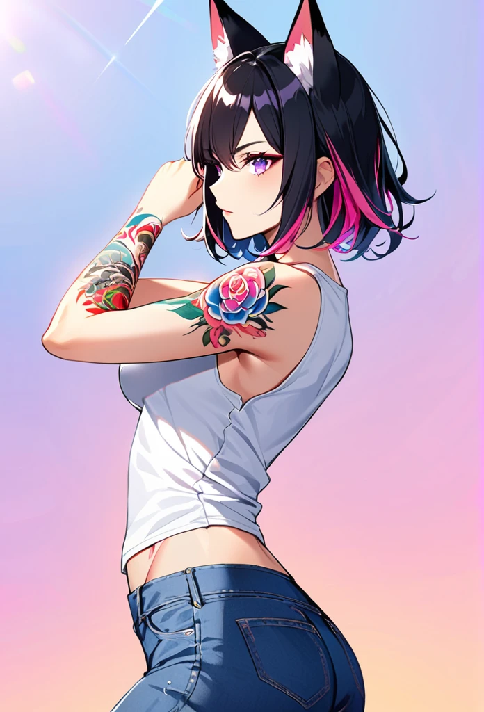 anime style image, woman with perfect body, (short black hair), (wearing a white tank top with a low neckline), (she has tattoos), (she is smiling while showing a pair of scissors), in the background a pinkish sunset sky