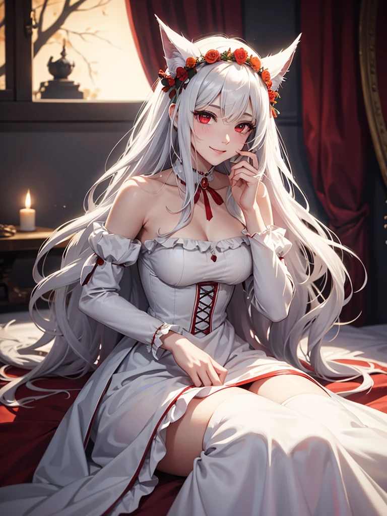 (masterpiece、top-quality、illustratio、Extremely high quality、high-level image quality、Extremely sensitive writing) 1 girl, solo, eleven year old, long dark hallway with moonlight shining through the windows, She has white hair that falls down and has a rather large red bow to decorate the hair at the nape of her neck, Her skin is quite pale and there are stitches on her limbs, It looked like she had been cut up and then sewn back together and there was still a bit of dried blood left on those stitches, On her arms and legs there are several first aid cloths, The corner of her mouth has two slashes running up to her ears and was sewn properly, leaving her lips open for her to talk, her teeth are all fangs, She has blood red eyes that seem to glow in the dark and the whites of her eyes became black, her was wrapped with a piece of first aid cloth from the front of her forehead to the back of her head and repeated a few times like that the first aid cloth was intentionally wrapped downward to completely cover her left eye, She wore a white tulle short prom dress and went barefoot and there is a large red bow decorating the top of her , In her left hand she held a badly torn teddy bear