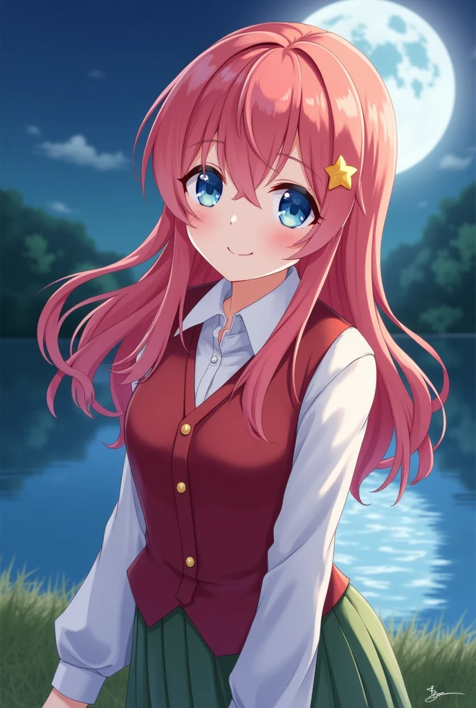 A woman with half-up hair in a reddish pink style。Blue eyes、have big eyes。Her outfit is a white blouse and a red vest.、short green skirt。Star-shaped hairpins around her temples。The face is smiling。Style『The Quintessential Quintuplets』With a realistic art style similar to、Use warm tones in your colors。In the background is a lake in the park illuminated by a full moon。