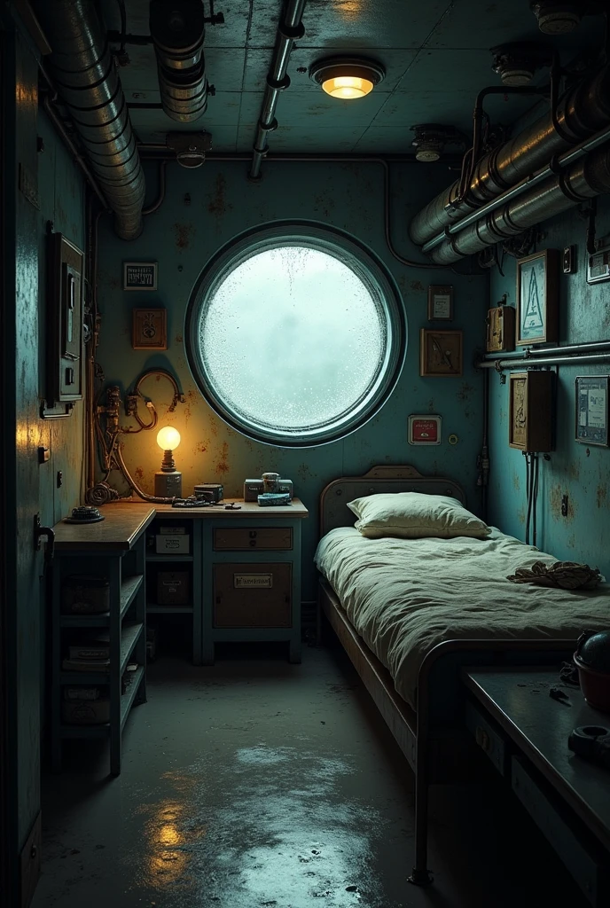 Inside a small spaceship,Machines and pipes on the wall,A small light,Small dirty bed,Living Style,Water droplets on a small round window,Dim lighting,