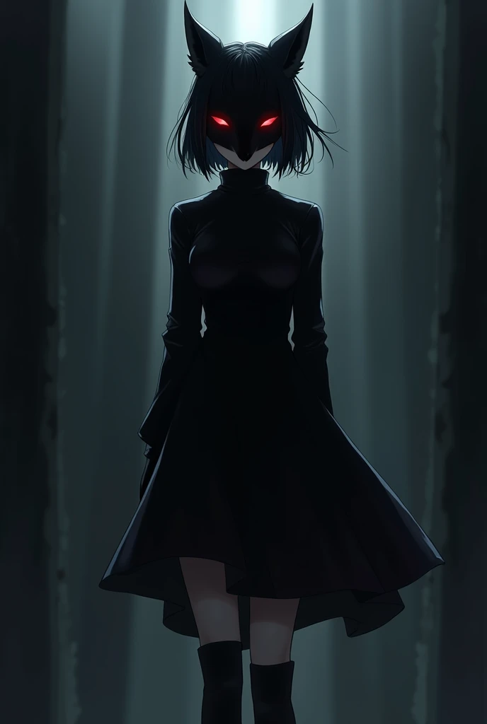 Female, Anime, Short black-haired, Faired skin, Black fox mask fully covering her face, Black long-sleeved shirt, Black medium-skirt, Black boots
