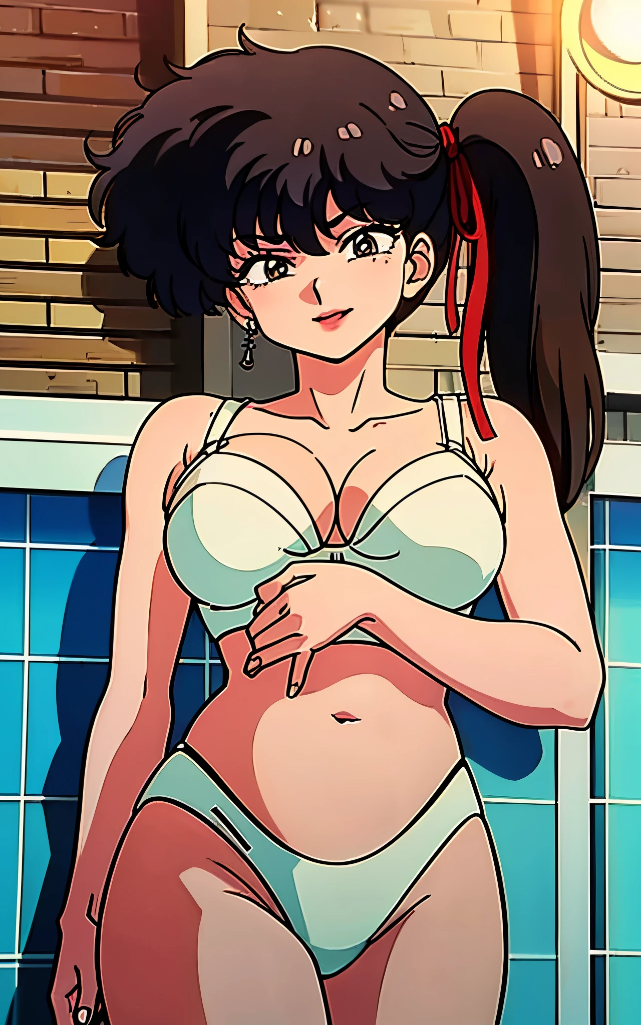 ((masterpiece, Highest quality, case)))), High resolution、８ｋ、1990s、Brick wall、1 girl,alone, kodachi kuno (, Black hair side ponytail 、Long upper eyelashes、Thin lips、Round jaw、White bra、White panties,Skin color(light brown)))), Huge breasts, Cleavage、Girl,Bright smile、I can see your belly、Detailed skin, Autora Rumiko Takahashi、Angle from below、Put your right hand on your chest