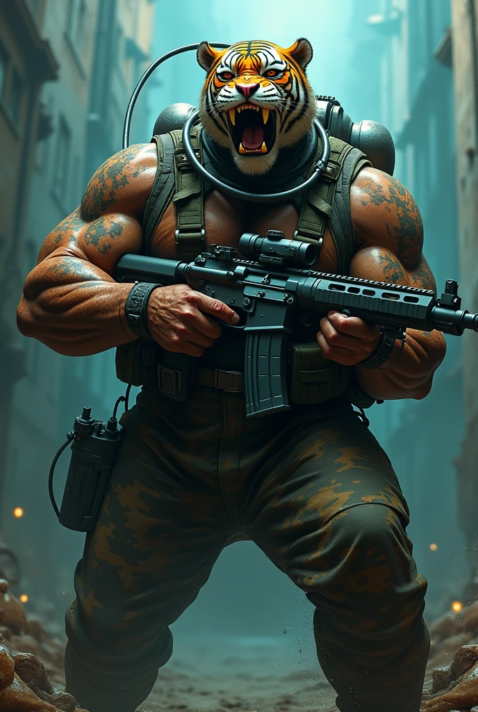 (a dark-skinned fat muscular old man in camouflage diving suit) carrying a in right hand, (wearing realistic roaring tiger mask), dynamic action pose, fiepression, showcasing an imposing stature, surrounded by military elements, dramatic shadows and intense highlights, cinematic color tones, high detail, powerful, art influenced by Bruce Onobrakpeya and Stanley Artgerm, ultra-detailed, best quality image, action-packed atmosphere. fighting stance