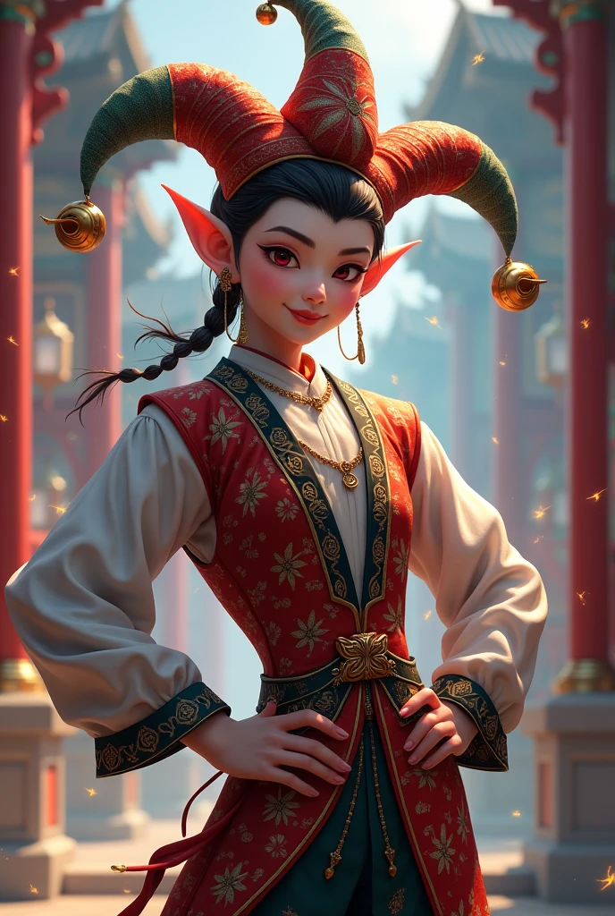 half elf, masculine, Cao Cao, with jester's clothes and a trickster's smile