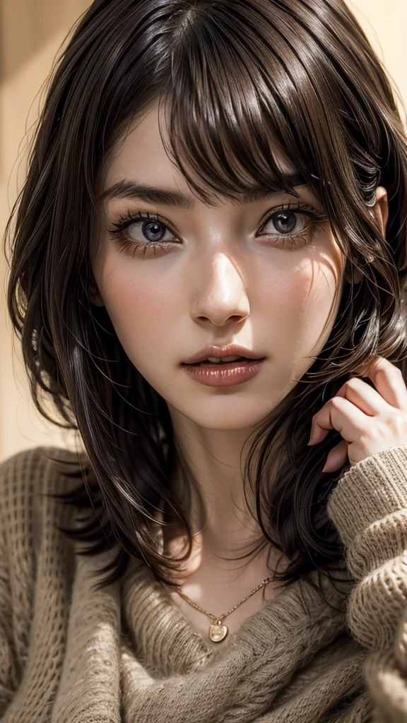 ((Beautiful Face:1.4)), (Purelos Face_v1: 1.0), (Highest quality, 8k, 32K, masterpiece, Ultra-high resolution:1.2),Beautiful Japanese Women Photos, Large Breasts, Very short bob hair,Upper Body,(Extra Large_sweater,:1.1) necklace, Simple Background, Look around,((Natural big breasts:1.2))