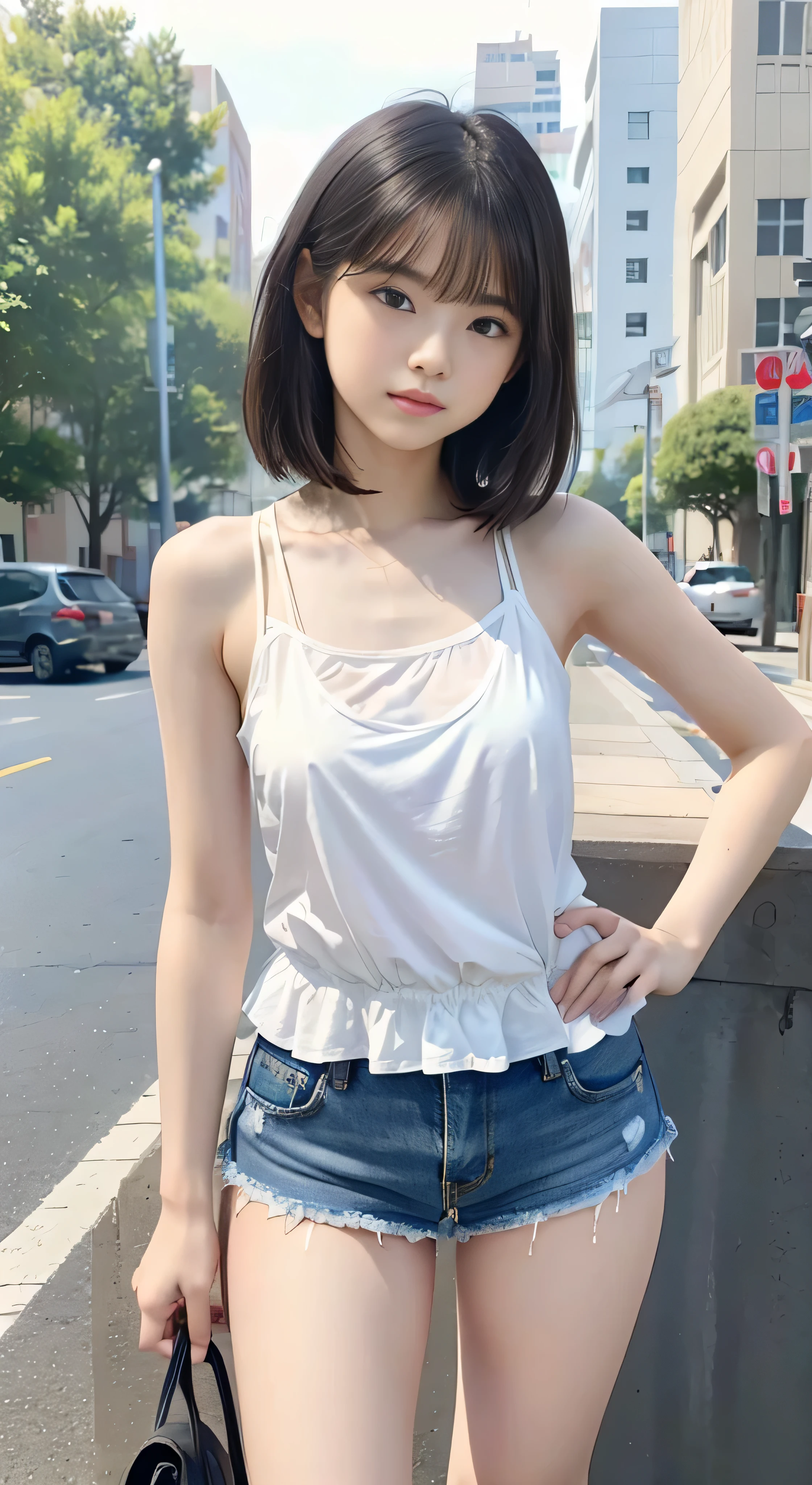 (masterpiece, Highest quality:1.2), 8k, Young and beautiful girl, 85mm,Official AR RAW Photos, Baby Face、Big Breasts、(Short cute girl,Little young student,Young and delicate girl),(masterpiece,Highest quality),Tank top,Denim shorts,Short sleeve,Long black hair,sleepy