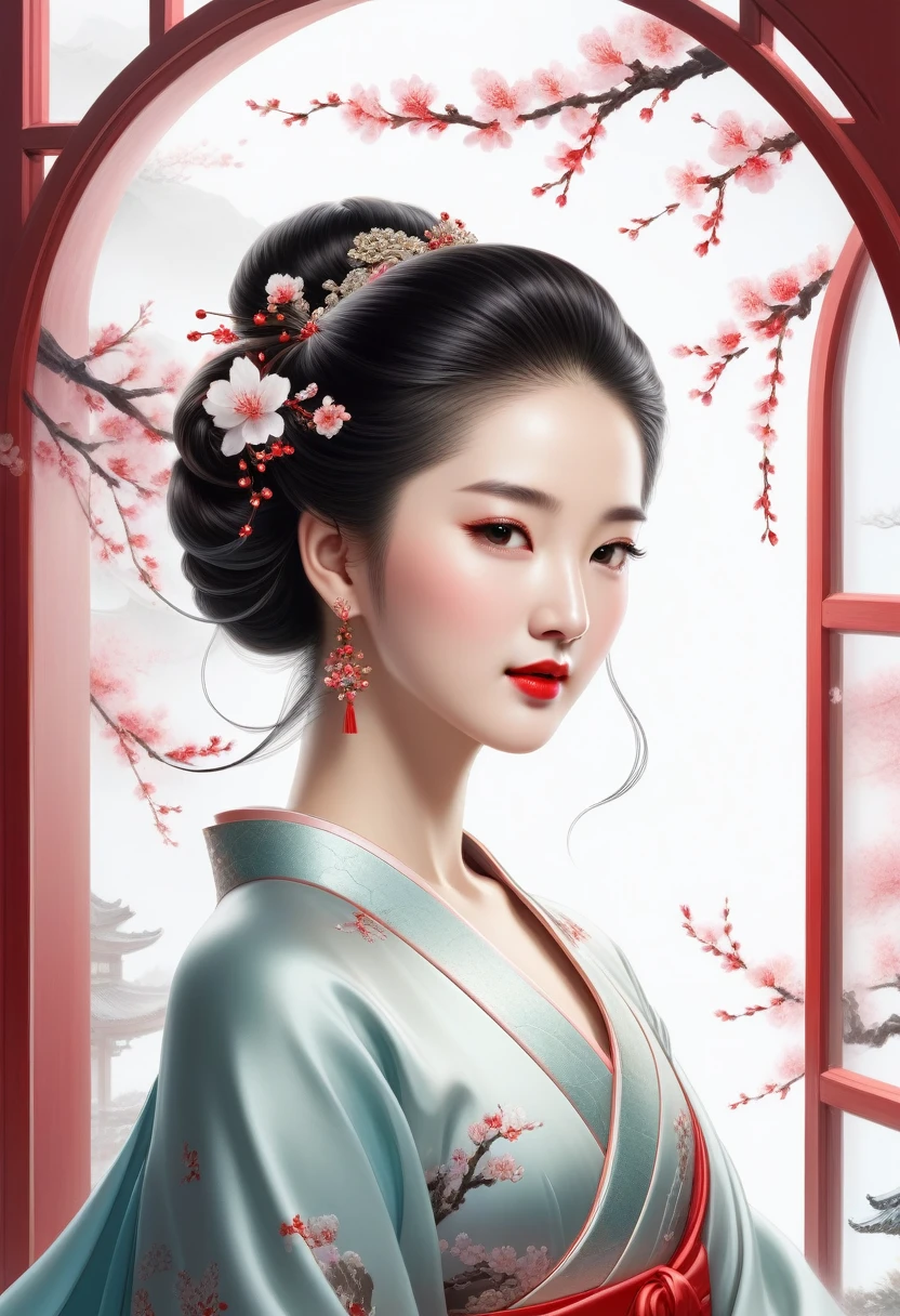 A sparkling, gorgeous jewel, Minimalist design, Public figure, reply, Ancient Beauty, Looks like Liu Yifei., window fairy, Edo hairstyle, Red lips smiled like cherry blossoms, Curved posture, white background, raised an eyebrow, Not messy, enlargement, rococo style, animation style, high detail, Contemporary art