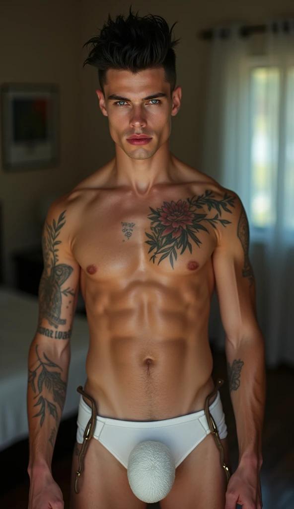 Fullbody standing picture of white skin Handsome muscular horny nude sexy gay boy wearing sexy white harness, shiny black Disconnected Pompadour hair style, blue eyes, shiny black shoes, red lip, chain, tattoos, horny, cum shot, sperm, milking penis, big penis, very big testicle, shiny oiled skin, orgasm, oversexed, standing at sex room.