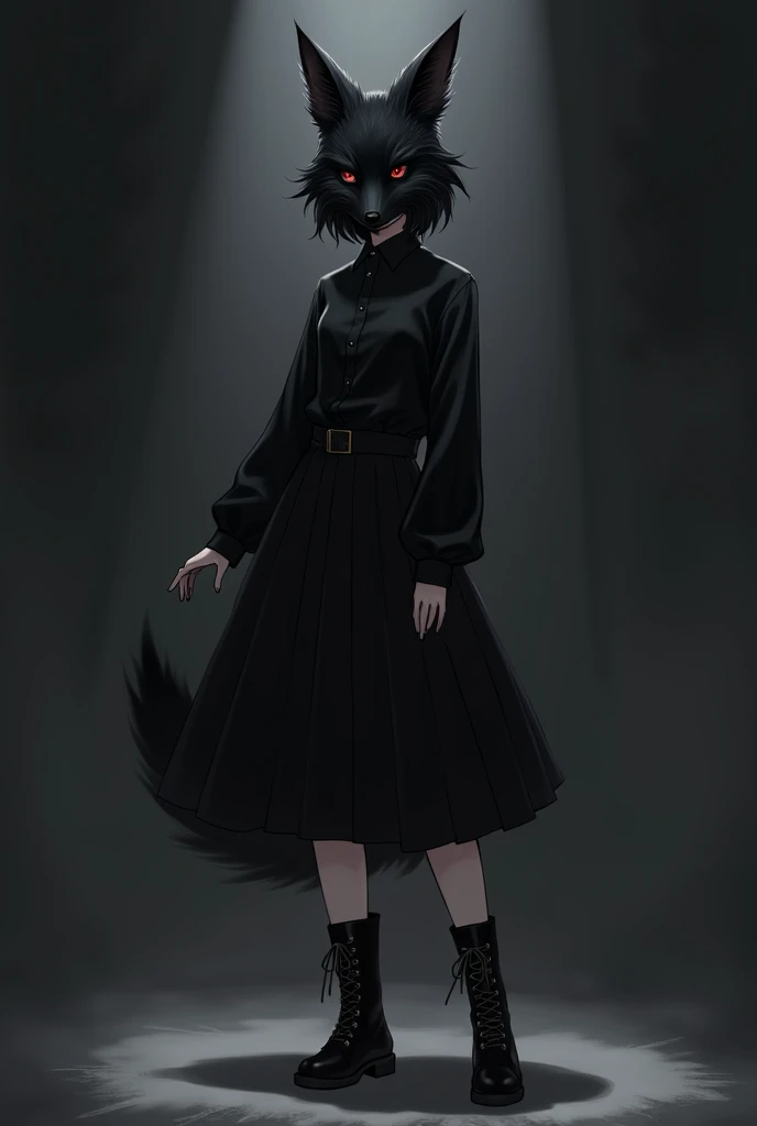 Female, Anime, Short black-haired, Faired skin, Black fox mask fully covering her face, Black long-sleeved shirt, Black medium-skirt, Black boots