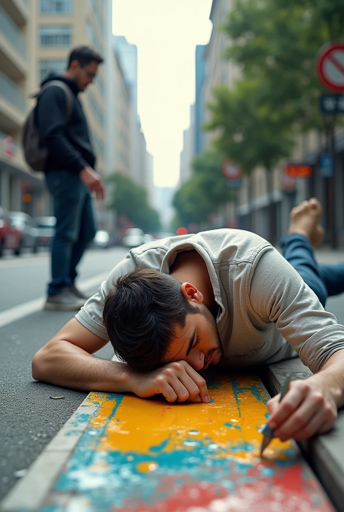 20 year old guy working lying on the floor on his side with one hand under his head and the other painting a curb, image of someone who sees him from the other side of the street, I don&#39;t want him looking at me and he has to be covered in paint, he is holding a 5 cm wide brush