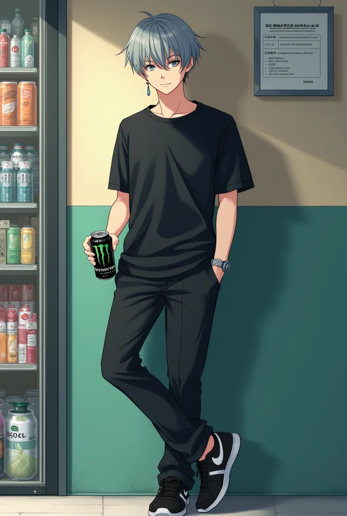 a boy,in seinen anime style with more serious features.
His appearance is Gray Hair, grayish blue eyes and light beige skin color.
wearing a black t-shirt, Black Pants and Black Nike Sneakers.
He's wearing small hoops in his ears, wearing a small silver watch on his left arm.
He is standing leaning against a convenience store wall.
And he's holding a can of Monster Energy Drink .
