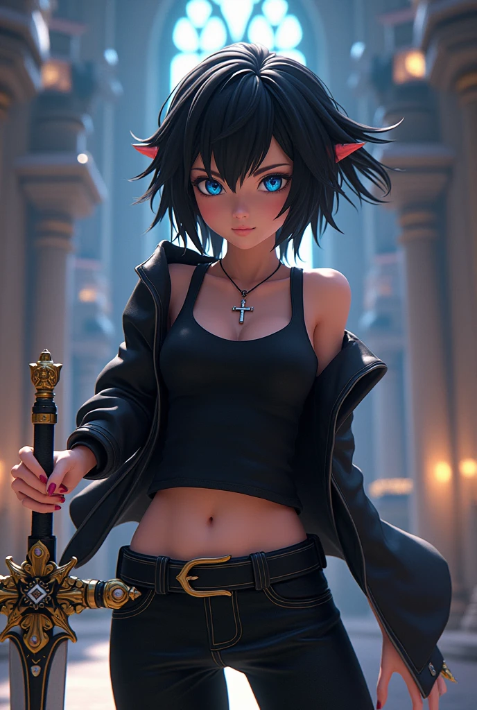 female OC with black short fluffy detailed hair and blue eyes wearing a black tanktop and black jacket with a cross necklace and black pants, holding the Excalibur, 3D, Kingdom Hearts,