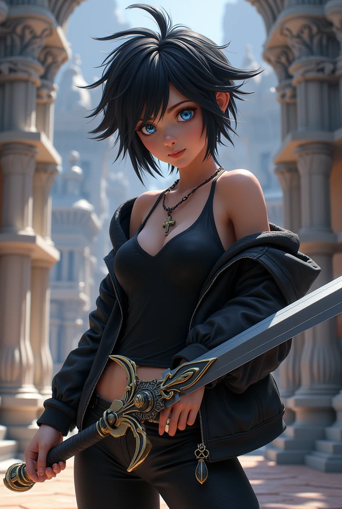 female OC with black short fluffy detailed hair and blue eyes wearing a black tanktop and black jacket with a cross necklace and black pants, holding the Excalibur, 3D, Kingdom Hearts,