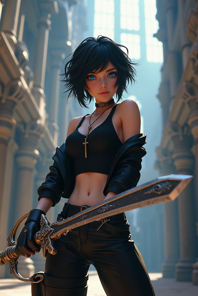 female OC with black short fluffy detailed hair and blue eyes wearing a black tanktop and black jacket with a cross necklace and black pants, holding the Excalibur, 3D, Kingdom Hearts,