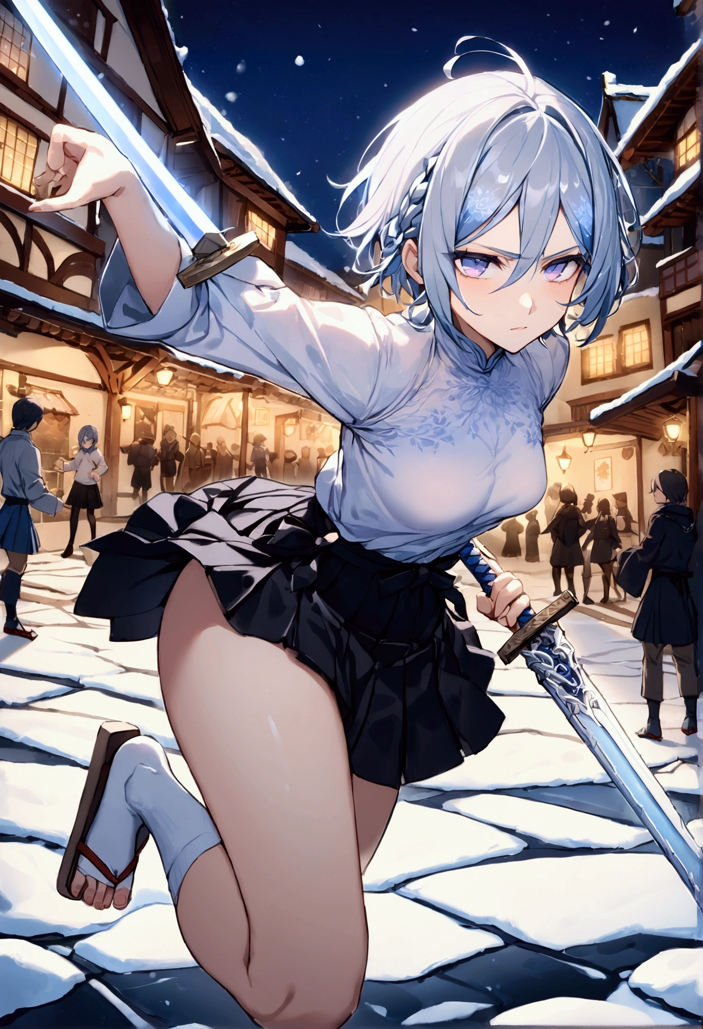 ((Highest quality)),((Very detailed)),(((Has two swords))),((Pale-white shining sword,Two-Way)), ((Chain between the swords)),((Town square at night,)), ((Blue mesh on hair)),masterpiece, Detailed face,Beautiful Face, Top view, (Fighting), ((ice,snow)),(Long-legged white shirt,Short black skirt,White floral pattern on skirt,White socks,geta),((One girl)),((Blue Eyes,Dynamic pose,A slightly fluffy shirt)) , Rukia, Gray Hair, short hair, Hair between the eyes, Purple eyes, Small breasts,cold