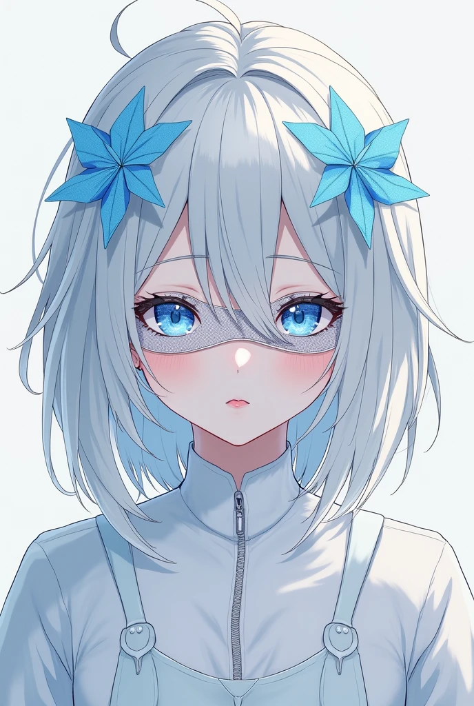 An illustration androgynous person Angel Wings Her skin is white and her lips are pale pink The eyes are light blue and clear. Clothing that doesn't reveal much skin Her hair is silver with some blue mesh Do not look forward when looking from the side I put a mask on my face