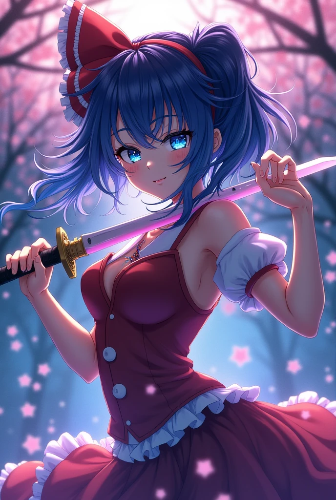 (((masterpiece))),(((Highest quality))),((Very detailed)),(shape),(Dynamic Angle), ((Touhou Project)),(A slim body),((Disheveled Hair)), (((Voluptuous Body))),(((Unleash a sword technique))), ((Girl wearing black tights)), (((View from the front))),((Beautifully detailed body)),((side、Shoulders are exposed)),(((Mysterious and sparkling blue eyes)))Gray Hair, ((Colorful Hair)),((Striped and long hair)), Beautiful attention to detail,(Gradient color eyes),(((Delicate eyes))), (((background))),(((High saturation))),(((Konpaku Youmu))),(((In front of cherry blossoms in the night view))
