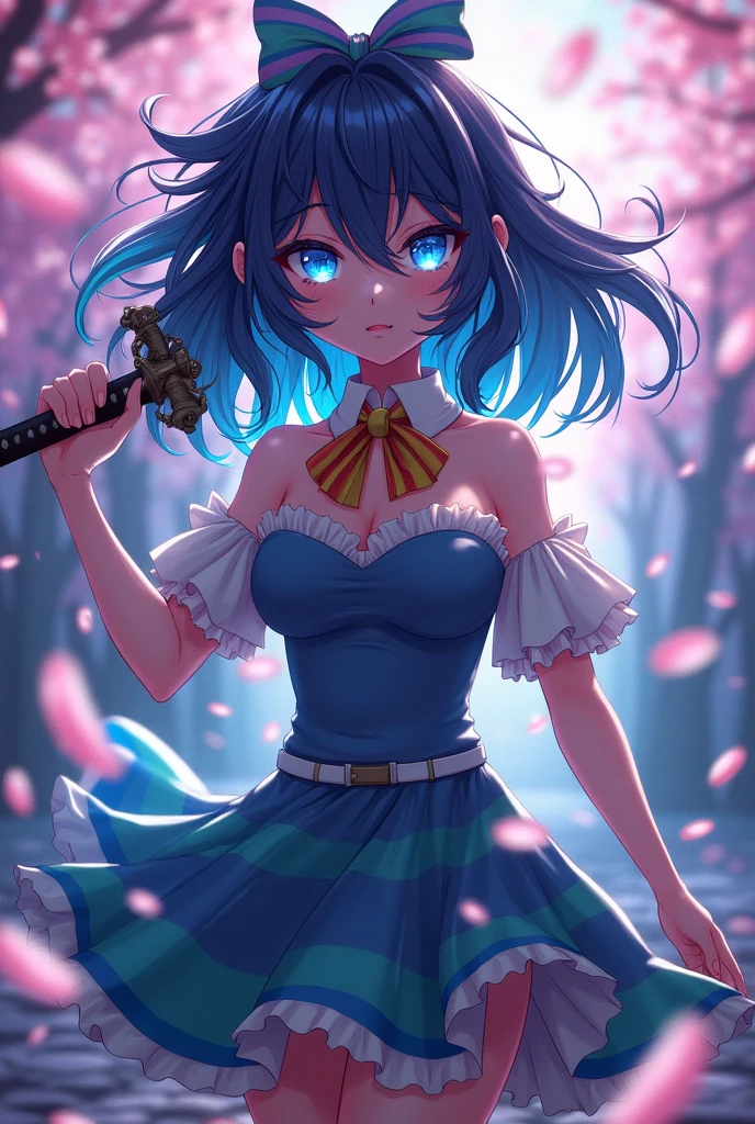 (((masterpiece))),(((Highest quality))),((Very detailed)),(shape),(Dynamic Angle), ((Touhou Project)),(A slim body),((Disheveled Hair)), (((Voluptuous Body))),(((Unleash a sword technique))), ((Girl wearing black tights)), (((View from the front))),((Beautifully detailed body)),((side、Shoulders are exposed)),(((Mysterious and sparkling blue eyes)))Gray Hair, ((Colorful Hair)),((Striped and long hair)), Beautiful attention to detail,(Gradient color eyes),(((Delicate eyes))), (((background))),(((High saturation))),(((Konpaku Youmu))),(((In front of cherry blossoms in the night view))