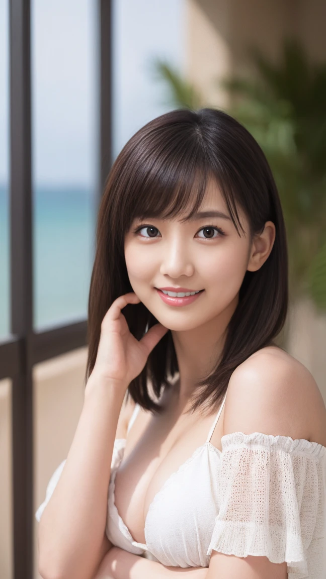 ((Standing on a hill overlooking the sea)),(masterpiece)、(Highest quality:1.5)、(Photorealistic:1.2)、(Surreal), (High resolution), (Realistic), (Post-processing),(Sharp focus), Sharp focus:1.2,Backlight, (Improvement of quality:1.4), (Narrow waist)、((Perfectly detailed five-fingered hands)),(Anatomically correct body)、((1 female:1.4))、Japanese、Realistic Skin、(Small chest:1.4)、Bust size is A cup、A pretty woman with a slender figure:1.4,(from the front:1.5), (Enhances the beauty of skin texture:1.1),No makeup、美しいBlack Hair、smile、Natural color lip、(Small Mouth:1.4)、The mouth is not open、Thick lips、(Oval Face)、Even bangs、Hide eyebrows with bangs、((33-year-old woman))、Bob Hair、Hair blowing in the wind, (Black Hair, Iris, Watery eyes, Shining Eyes, Bob cut hair,), Hair behind the ear、No makeup、(Drooping eyes)、(((One lovely woman)),((優しい大きなsmile)),(( Small breasts,Small breastsの谷間)),((((Plump Cheeks)))),very cute,(Baby Face),Raccoon face,erotic、Tropical print micro bikini、(((whole body:1.5))), Put your face close to LoRA,