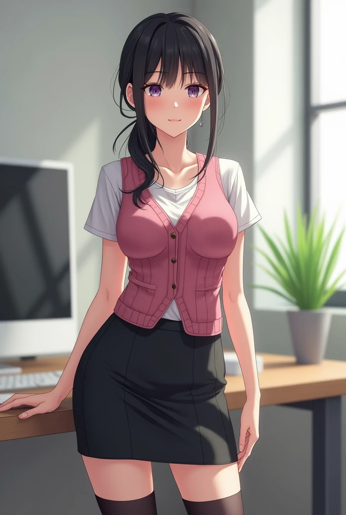 ultra-detailed, masterpiece,best quality, 32-year-old Office Lady, standing, very slim, flat chested, low ponytail, Black Hair, Short-sleeved Y-shirt, Pink plaid vest, BREAK, (((Black Pencil Skirt))), Black thigh-high socks,