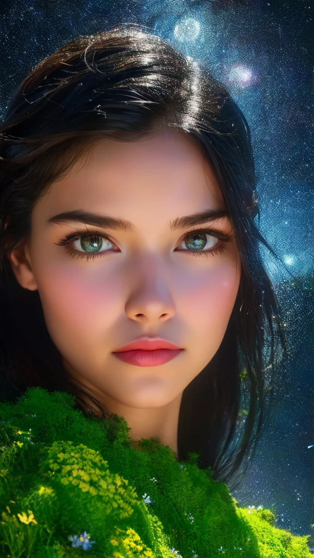 a beautiful girl in a lush garden, surrounded by colorful flowers, gazing up at a starry night sky, (best quality,4k,8k,highres,masterpiece:1.2),ultra-detailed,(realistic,photorealistic,photo-realistic:1.37),extremely detailed eyes and face,longeyelashes,detailed flower petals,detailed starry night sky,vibrant colors,cinematic lighting,intricate background details,fantasy,dreamlike