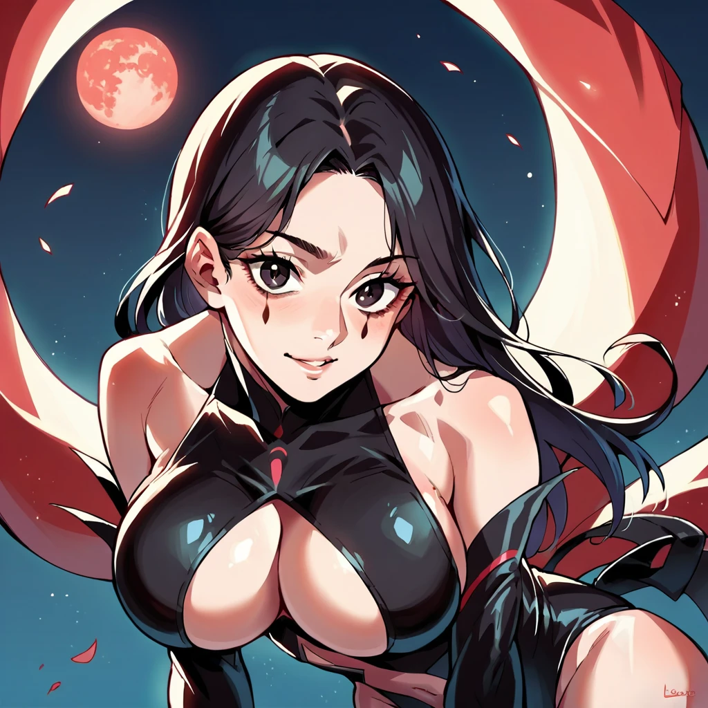 score_9, score_8_up, score_7_up, score_6_up, source_anime, BREAK 1girl, long blackhair, black-eyes, facial mark, black leotard, center opening, elbow gloves, fingerless glovesmultiple tails, upper body, large breasts, looking at you, night sky, red moon, leaning forward,