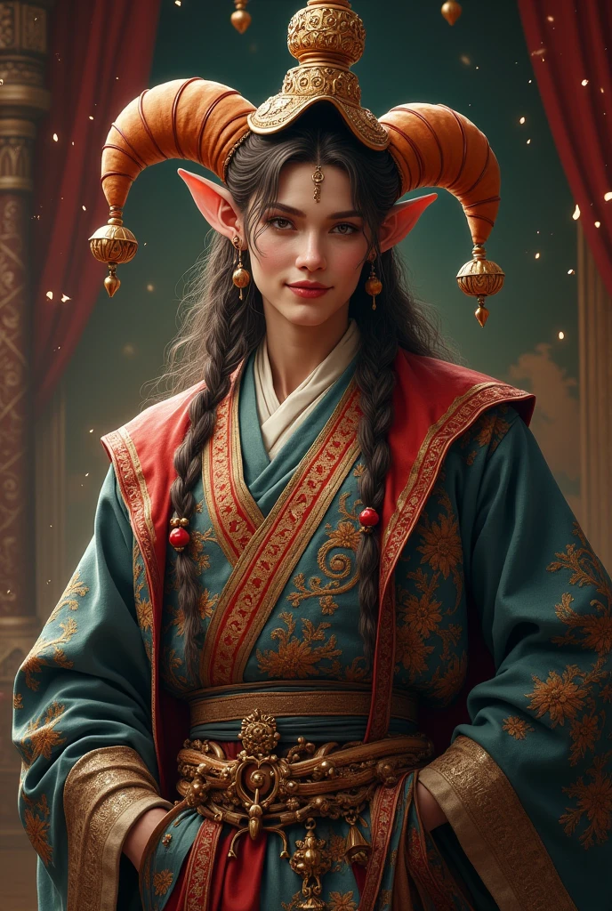 half elf, naughty man , Cao Cao, with jester's clothes and a trickster's smile
