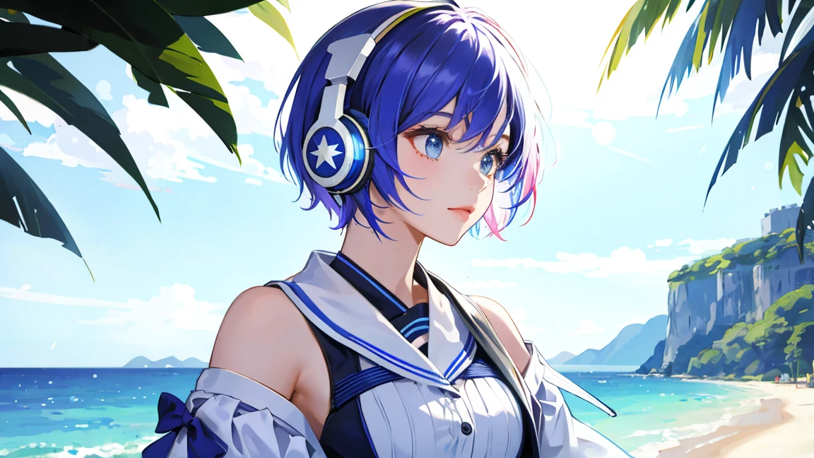 asterpiece, highest quality, Summer costumes, headphones, colorful hair, outdoor,Upper body,Shorthair girl